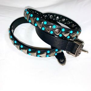 Sandro Paris Studded black leather belt with turquoise details T1